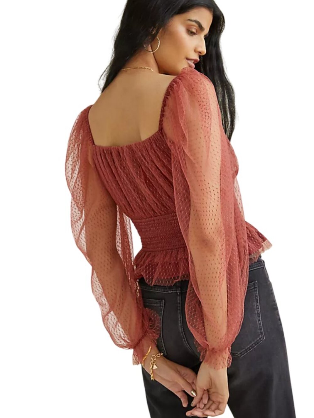 Anthropologie Tulle V-Neck Blouse Sheer Long Sleeve Pink Medium - Picture 5 of 9